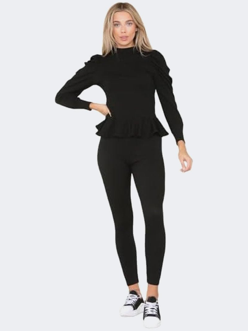 Women Frill Hem Puff Sleeve Top and Legging Loungewear Suit - Remzs Fashion