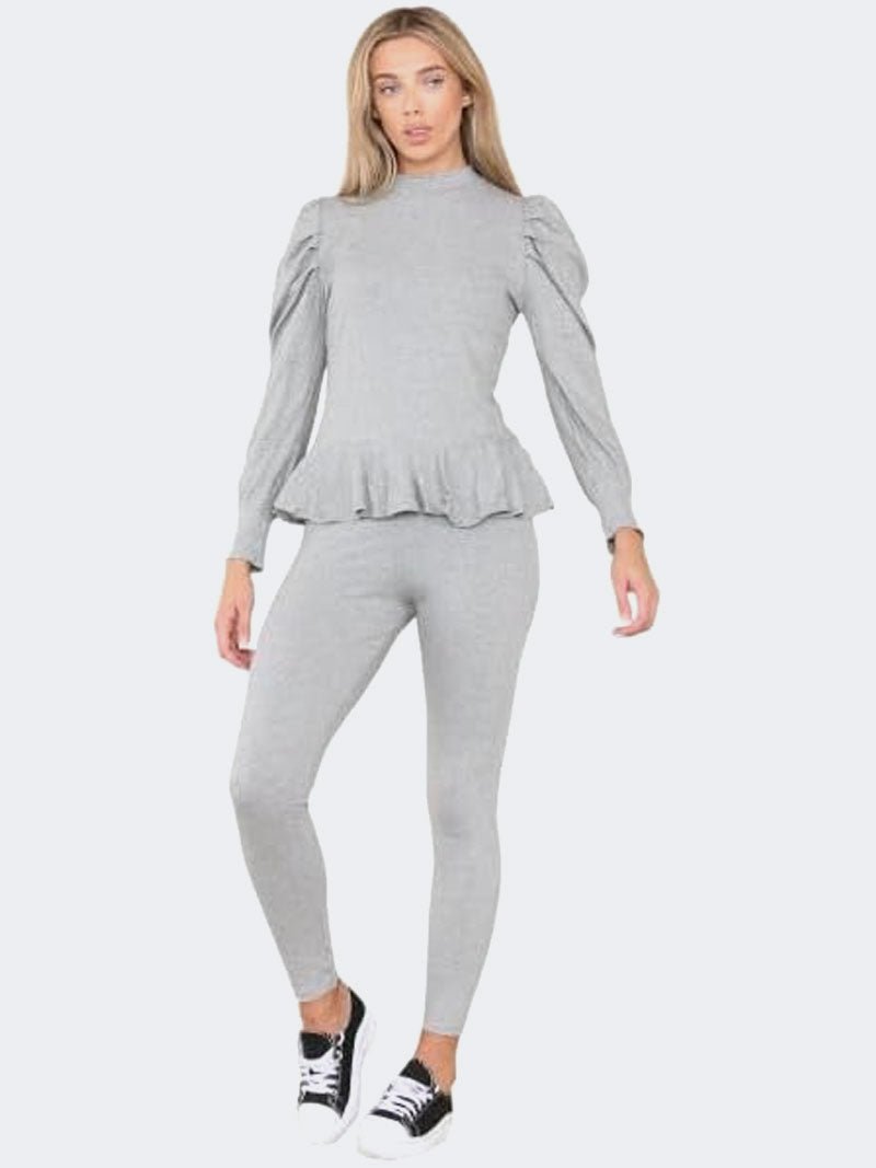 Women Frill Hem Puff Sleeve Top and Legging Loungewear Suit - Remzs Fashion