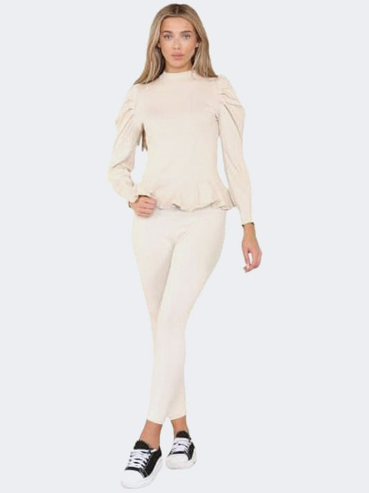 Women Frill Hem Puff Sleeve Top and Legging Loungewear Suit - Remzs Fashion