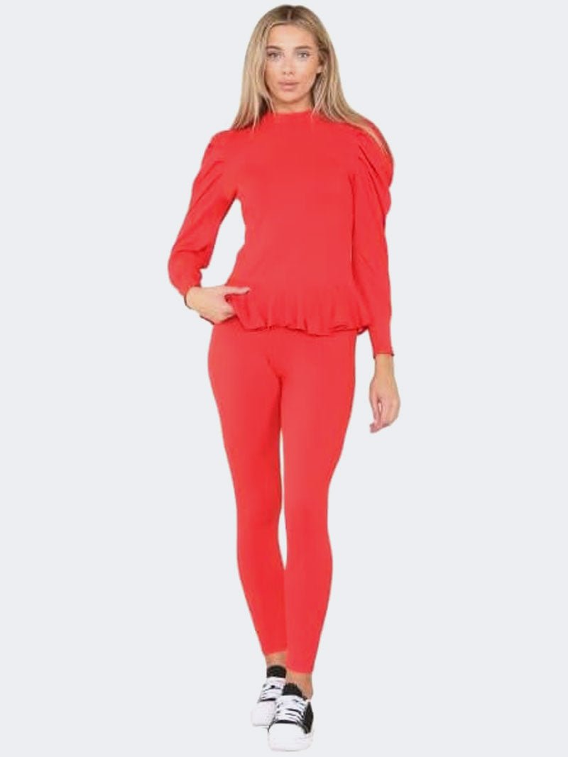 Women Frill Hem Puff Sleeve Top and Legging Loungewear Suit - Remzs Fashion