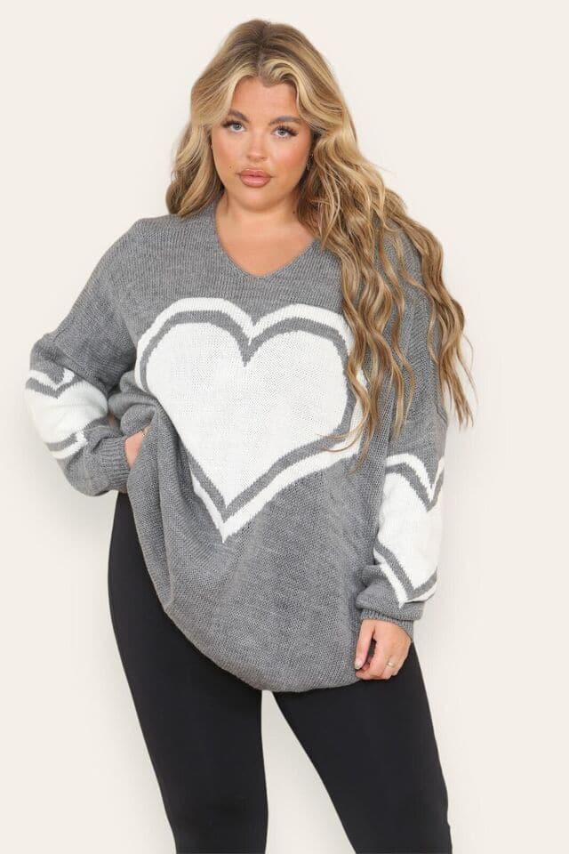 Women Heart Print Knitted Oversized Lagenlook Jumper Ladies Sweater Hi Lo Top UK - Remzs Fashion