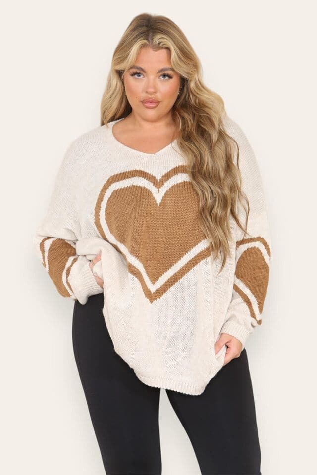 Women Heart Print Knitted Oversized Lagenlook Jumper Ladies Sweater Hi Lo Top UK - Remzs Fashion