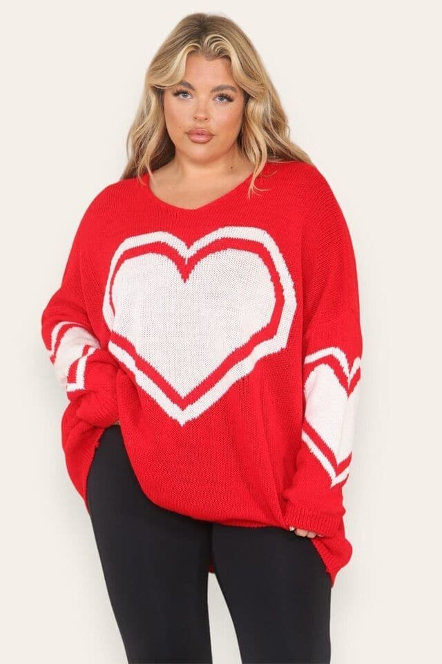 Women Heart Print Knitted Oversized Lagenlook Jumper Ladies Sweater Hi Lo Top UK - Remzs Fashion