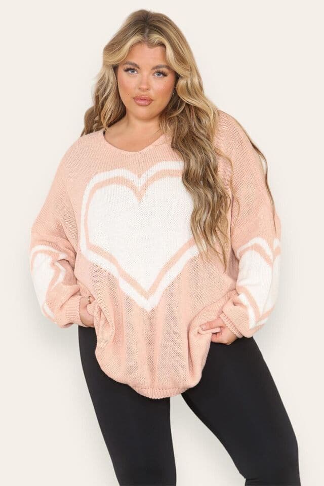 Women Heart Print Knitted Oversized Lagenlook Jumper Ladies Sweater Hi Lo Top UK - Remzs Fashion