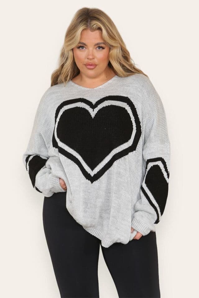 Women Heart Print Knitted Oversized Lagenlook Jumper Ladies Sweater Hi Lo Top UK - Remzs Fashion