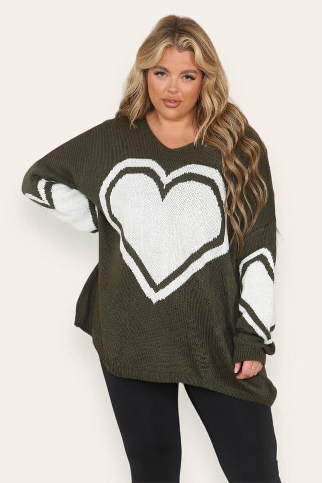 Women Heart Print Knitted Oversized Lagenlook Jumper Ladies Sweater Hi Lo Top UK - Remzs Fashion