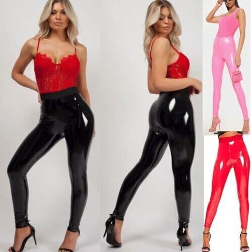 Women High Waist Vinyl PVC Leggins Wet Look Shiny Disco Elasticated Pant - Remzs Fashion