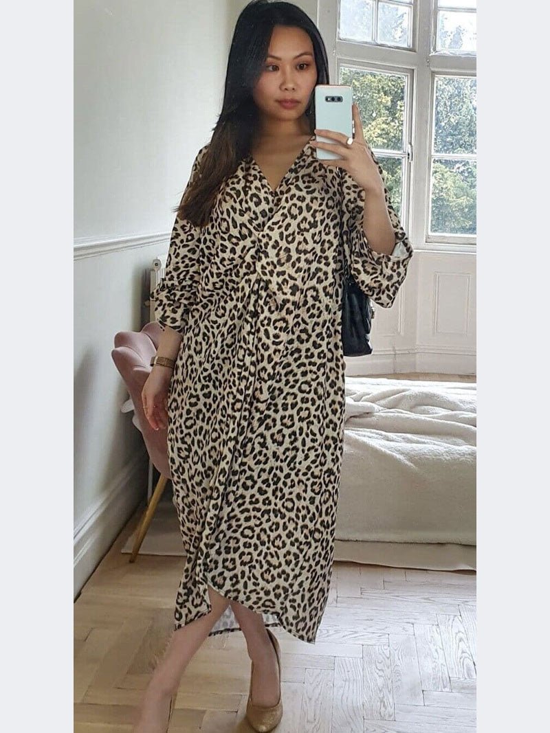 Women Ladies Animal Print Tie Knot Twist V Neck Oversized Long Summer Midi Dress - Remzs Fashion