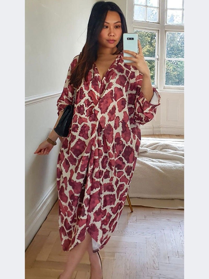 Women Ladies Animal Print Tie Knot Twist V Neck Oversized Long Summer Midi Dress - Remzs Fashion