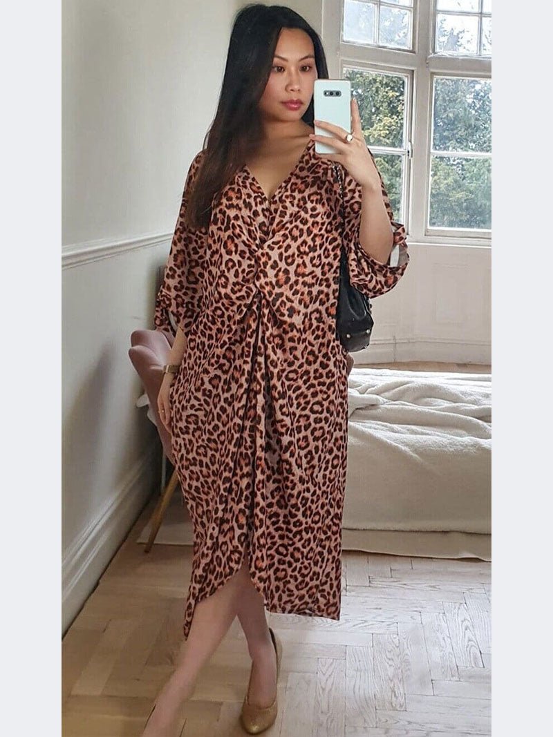 Women Ladies Animal Print Tie Knot Twist V Neck Oversized Long Summer Midi Dress - Remzs Fashion