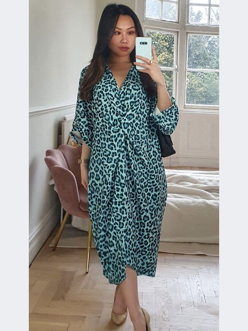 Women Ladies Animal Print Tie Knot Twist V Neck Oversized Long Summer Midi Dress - Remzs Fashion