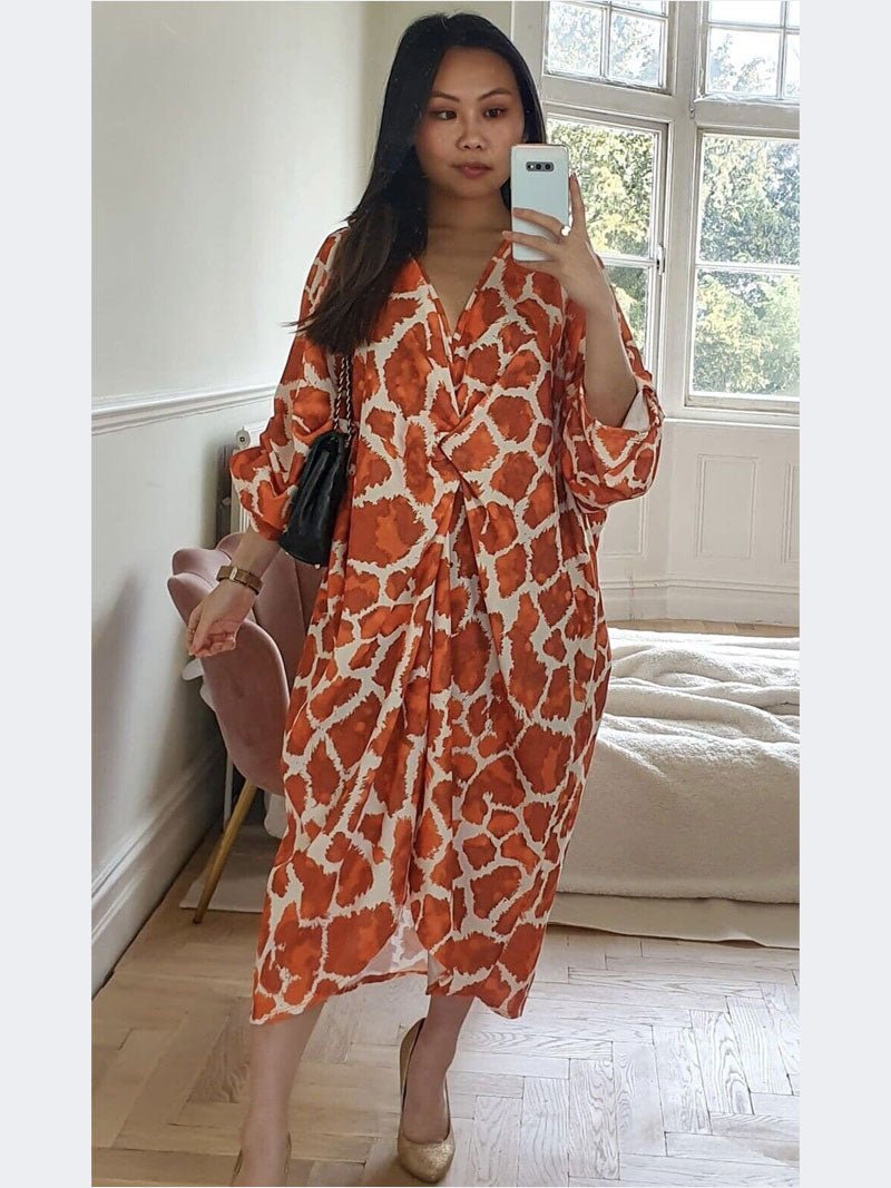 Women Ladies Animal Print Tie Knot Twist V Neck Oversized Long Summer Midi Dress - Remzs Fashion