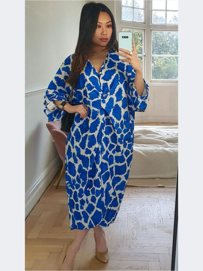 Women Ladies Animal Print Tie Knot Twist V Neck Oversized Long Summer Midi Dress - Remzs Fashion