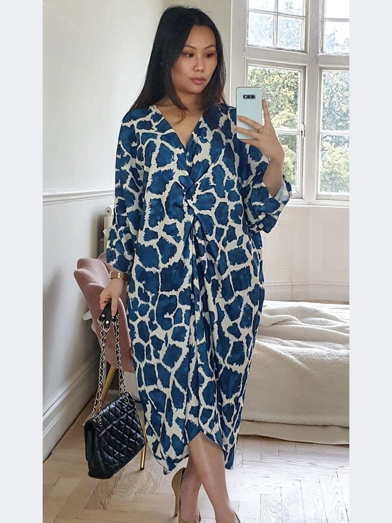 Women Ladies Animal Print Tie Knot Twist V Neck Oversized Long Summer Midi Dress - Remzs Fashion