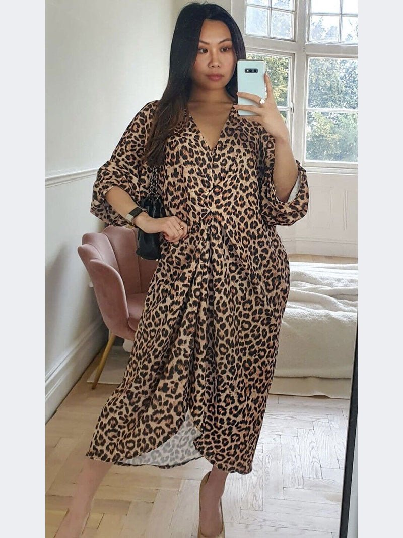 Women Ladies Animal Print Tie Knot Twist V Neck Oversized Long Summer Midi Dress - Remzs Fashion