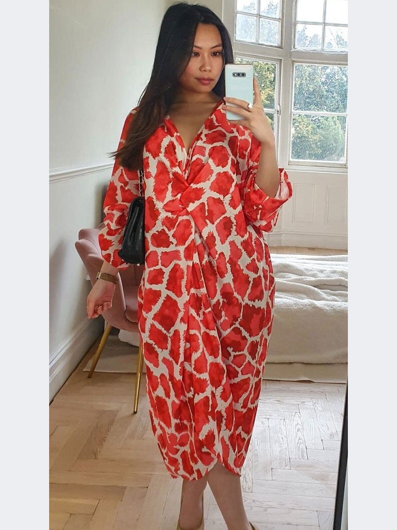 Women Ladies Animal Print Tie Knot Twist V Neck Oversized Long Summer Midi Dress - Remzs Fashion