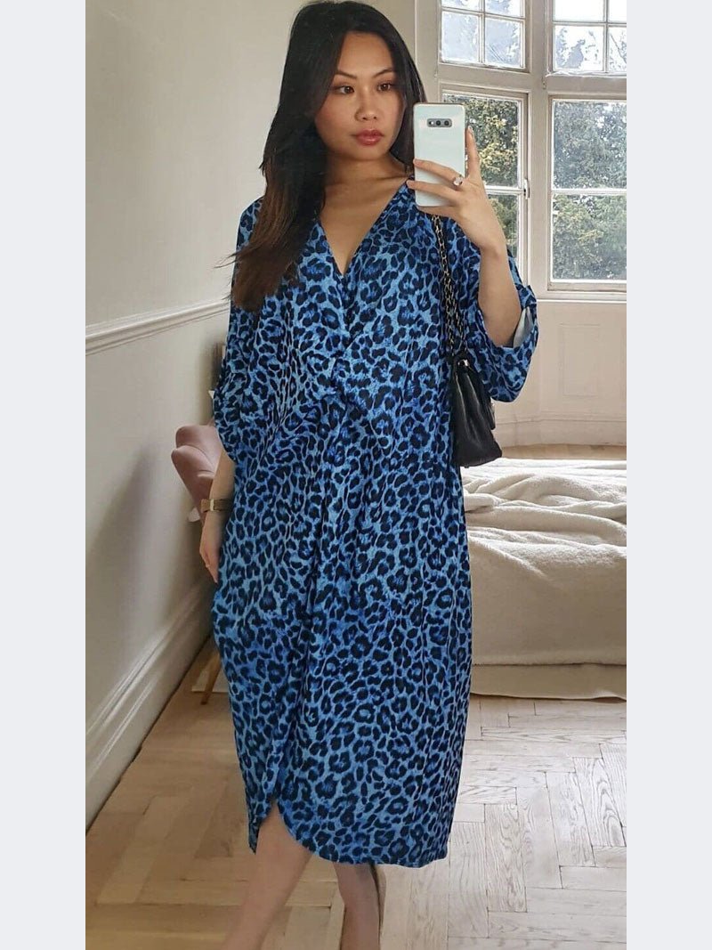 Women Ladies Animal Print Tie Knot Twist V Neck Oversized Long Summer Midi Dress - Remzs Fashion