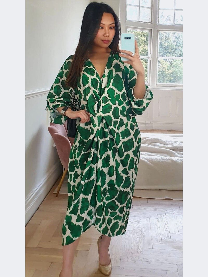 Women Ladies Animal Print Tie Knot Twist V Neck Oversized Long Summer Midi Dress - Remzs Fashion