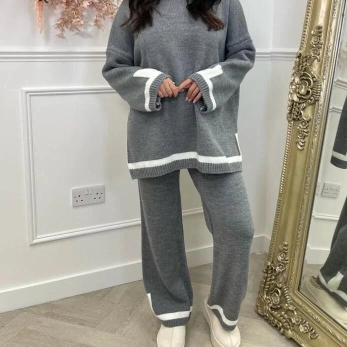 Women Ladies Chunky Knitted Contrast Striped Trim Loungewear 2PCS Co-Ord Set - Remzs Fashion