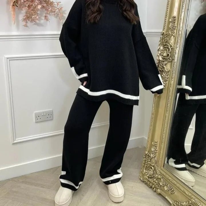 Women Ladies Chunky Knitted Contrast Striped Trim Loungewear 2PCS Co-Ord Set - Remzs Fashion