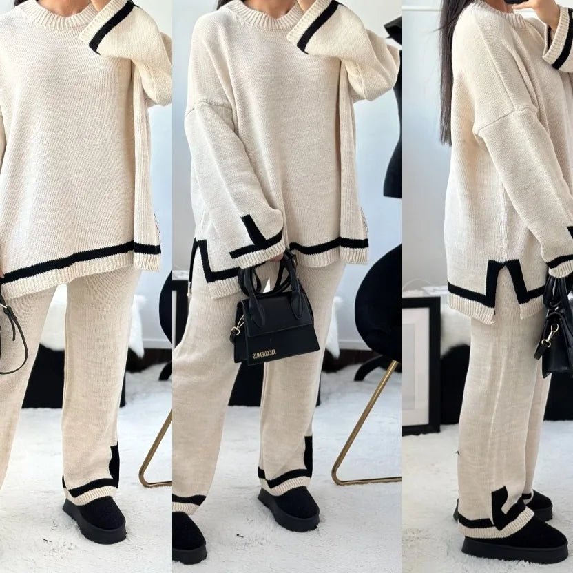 Women Ladies Chunky Knitted Contrast Striped Trim Loungewear 2PCS Co-Ord Set - Remzs Fashion