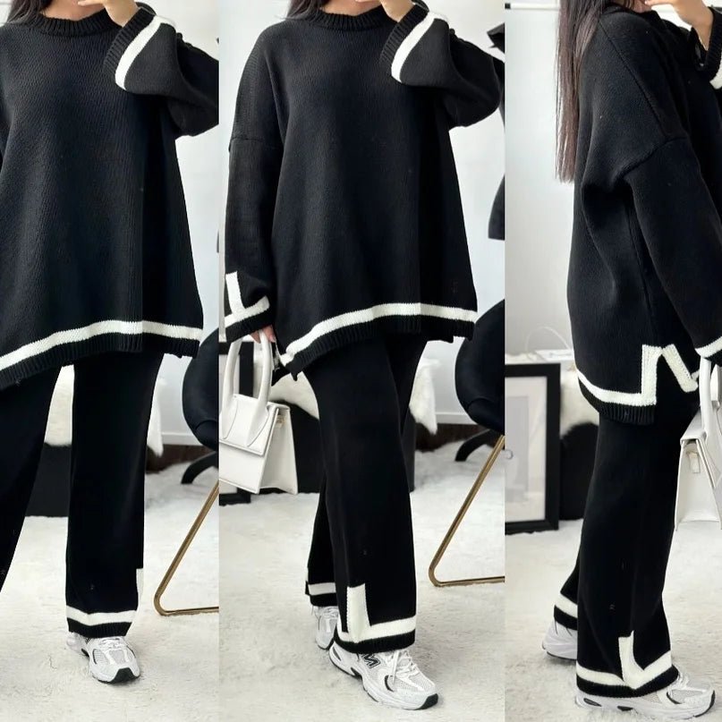 Women Ladies Chunky Knitted Contrast Striped Trim Loungewear 2PCS Co-Ord Set - Remzs Fashion