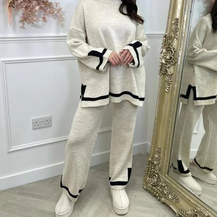 Women Ladies Chunky Knitted Contrast Striped Trim Loungewear 2PCS Co-Ord Set - Remzs Fashion