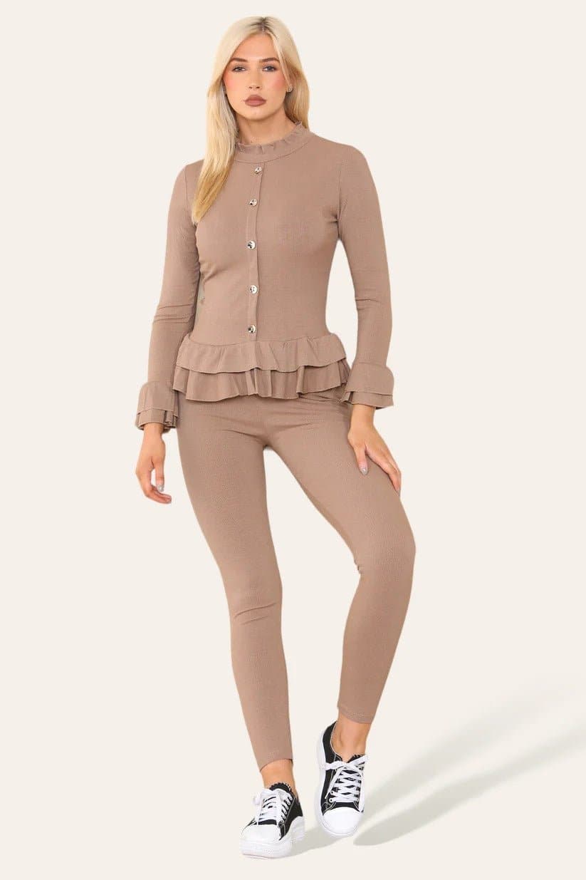 Women Ladies Fine Ribbed Frill Peplum Gold Button Loungewear Suit Tracksuit Set - Remzs Fashion