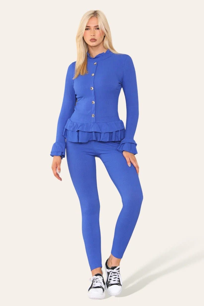 Women Ladies Fine Ribbed Frill Peplum Gold Button Loungewear Suit Tracksuit Set - Remzs Fashion