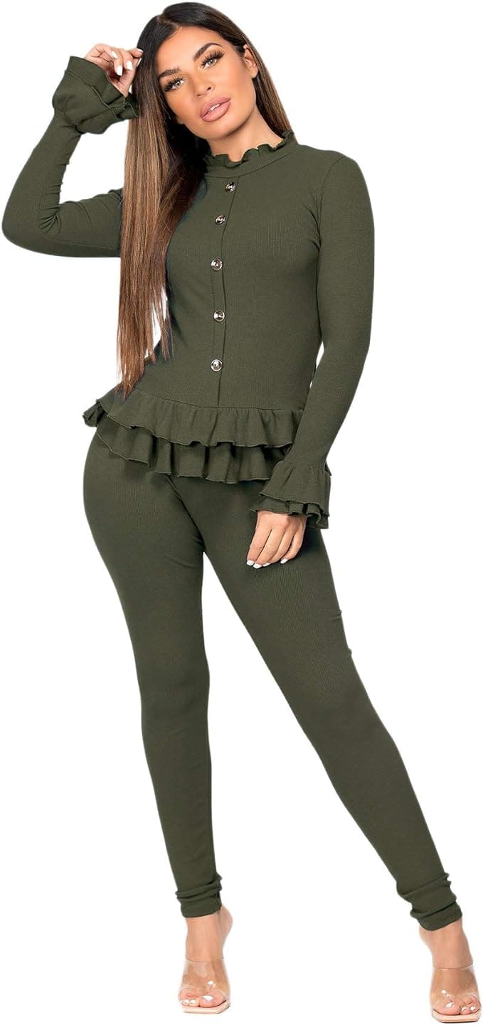 Women Ladies Fine Ribbed Frill Peplum Gold Button Loungewear Suit Tracksuit Set - Remzs Fashion