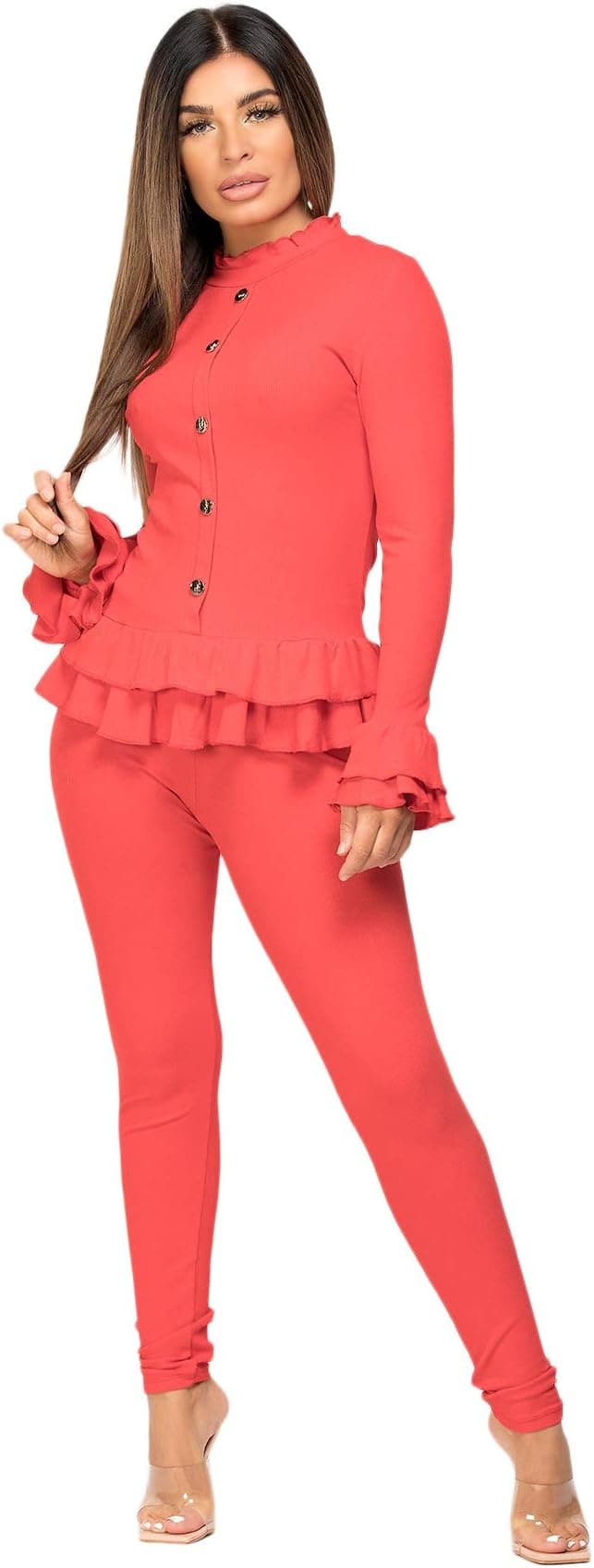 Women Ladies Fine Ribbed Frill Peplum Gold Button Loungewear Suit Tracksuit Set - Remzs Fashion