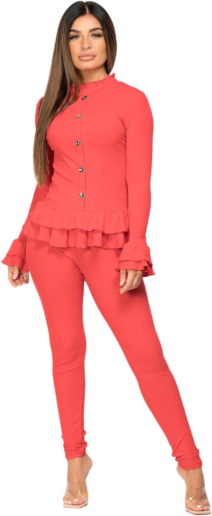 Women Ladies Fine Ribbed Frill Peplum Gold Button Loungewear Suit Tracksuit Set - Remzs Fashion