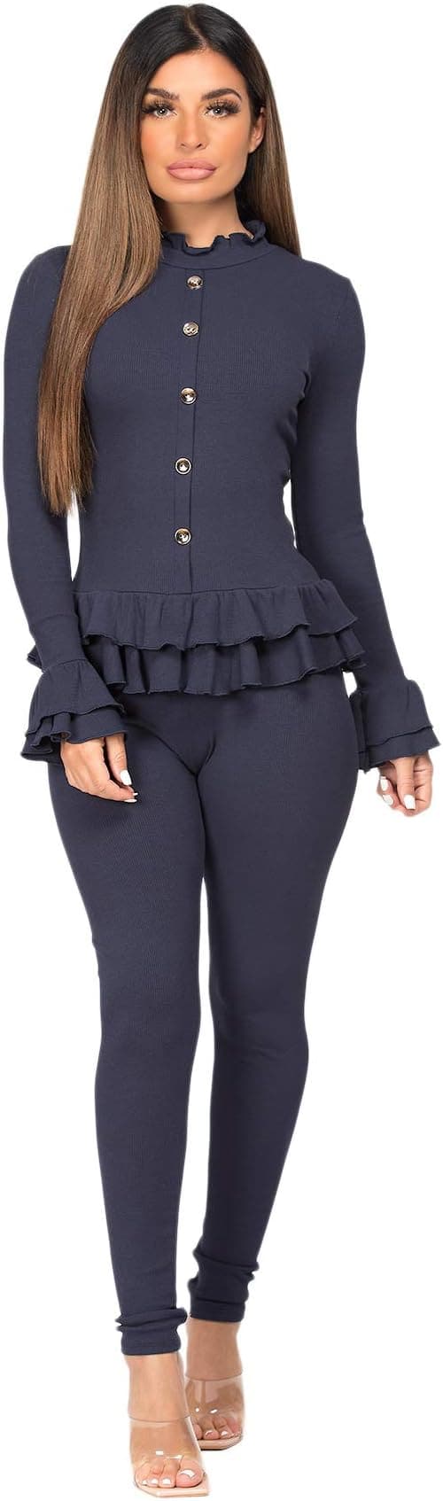 Women Ladies Fine Ribbed Frill Peplum Gold Button Loungewear Suit Tracksuit Set - Remzs Fashion