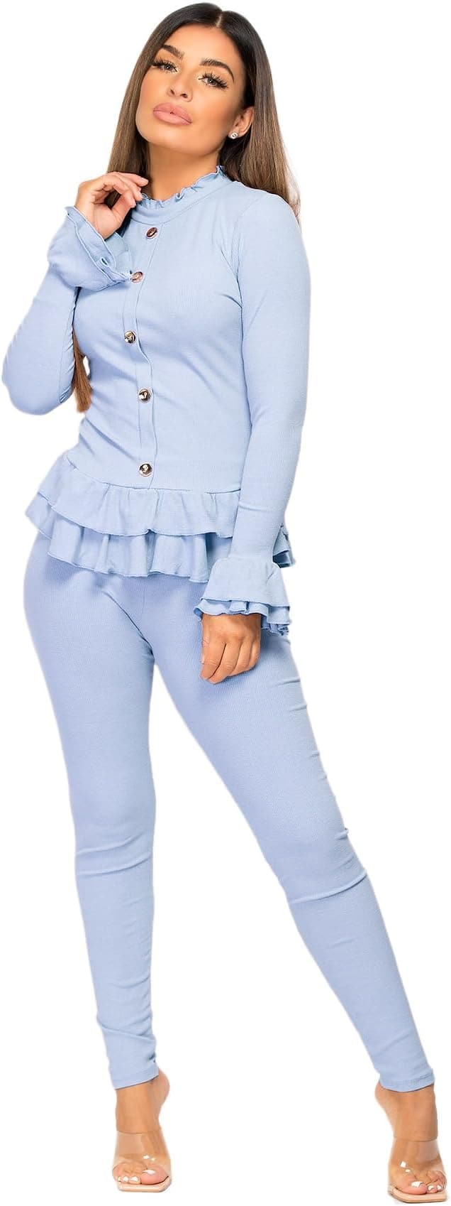 Women Ladies Fine Ribbed Frill Peplum Gold Button Loungewear Suit Tracksuit Set - Remzs Fashion