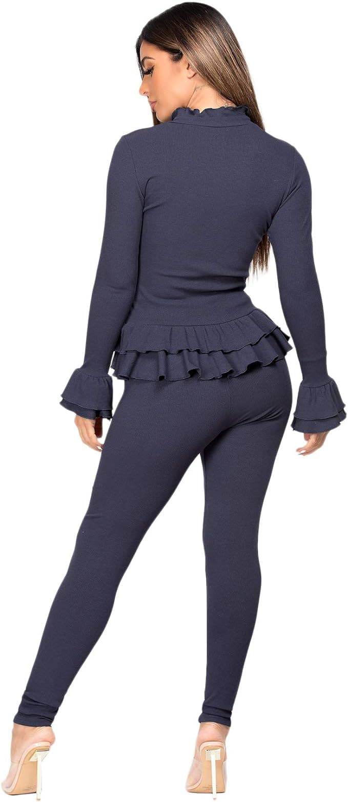 Women Ladies Fine Ribbed Frill Peplum Gold Button Loungewear Suit Tracksuit Set - Remzs Fashion