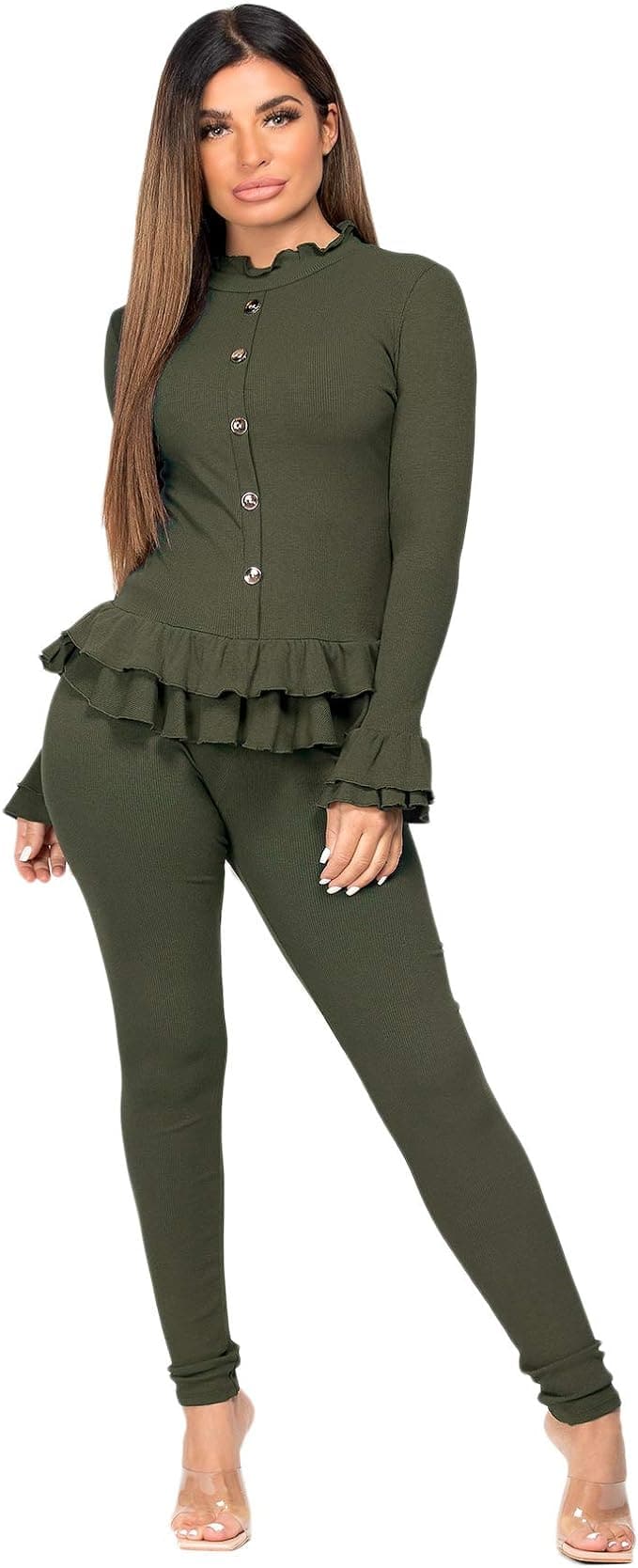 Women Ladies Fine Ribbed Frill Peplum Gold Button Loungewear Suit Tracksuit Set - Remzs Fashion