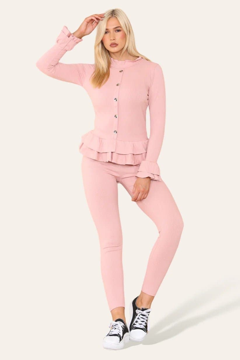 Women Ladies Fine Ribbed Frill Peplum Gold Button Loungewear Suit Tracksuit Set - Remzs Fashion