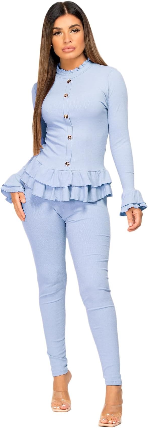 Women Ladies Fine Ribbed Frill Peplum Gold Button Loungewear Suit Tracksuit Set - Remzs Fashion