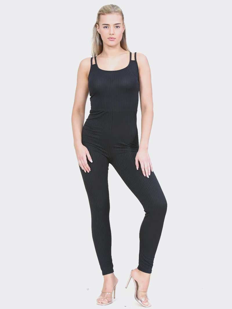 Women Rib Double Strap Jumpsuit - Remzs Fashion