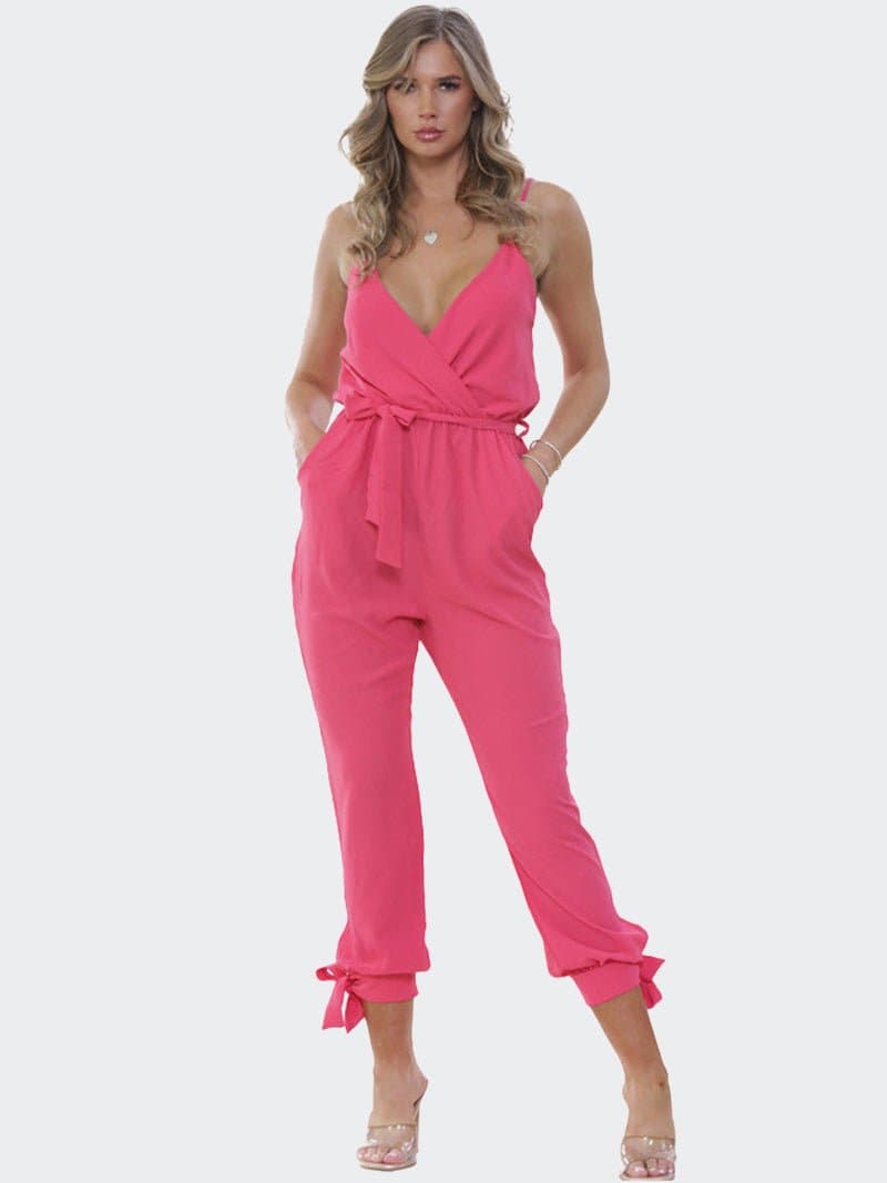 Women V-Neck Wrap Over Tie Waist Cami Jumpsuit - Remzs Fashion