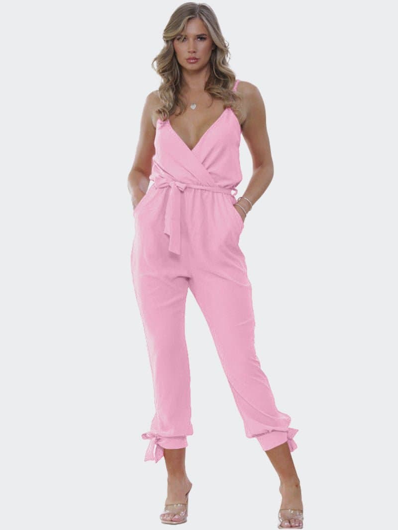 Women V-Neck Wrap Over Tie Waist Cami Jumpsuit - Remzs Fashion