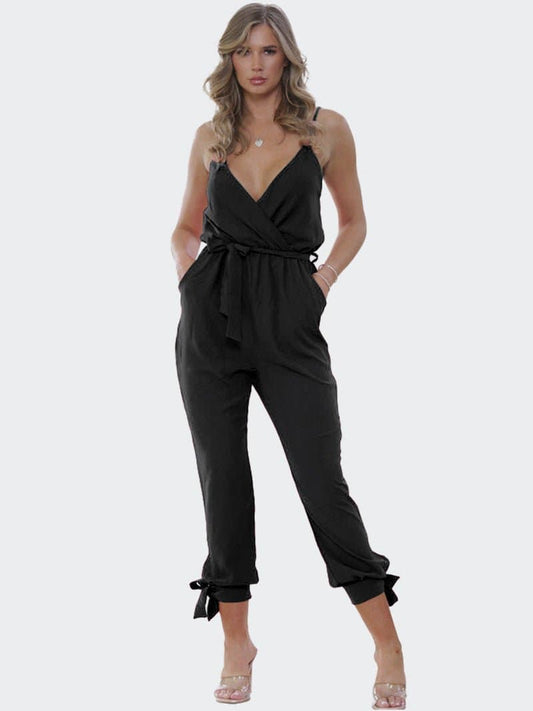 Women V-Neck Wrap Over Tie Waist Cami Jumpsuit - Remzs Fashion