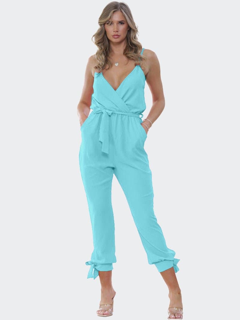 Women V-Neck Wrap Over Tie Waist Cami Jumpsuit - Remzs Fashion