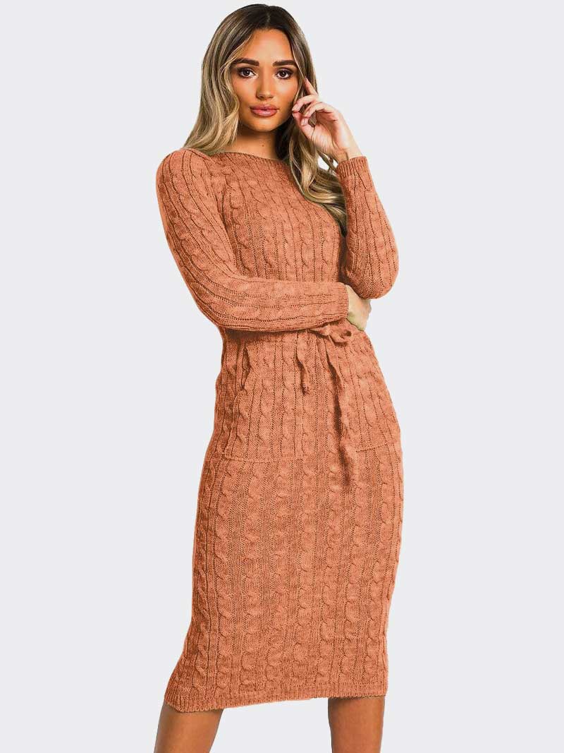 Women’s Cable Knitted Jumper Pocket Tie up Long Midi Dresses - Remzs Fashion