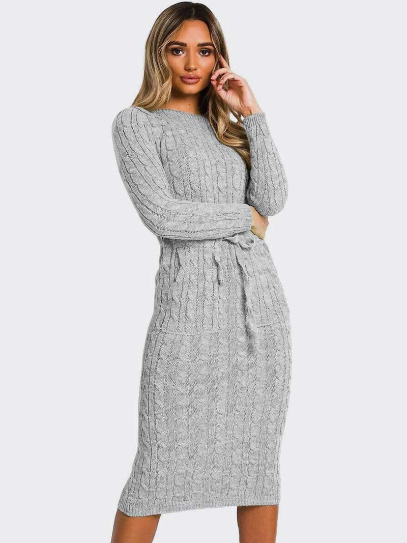 Women’s Cable Knitted Jumper Pocket Tie up Long Midi Dresses - Remzs Fashion