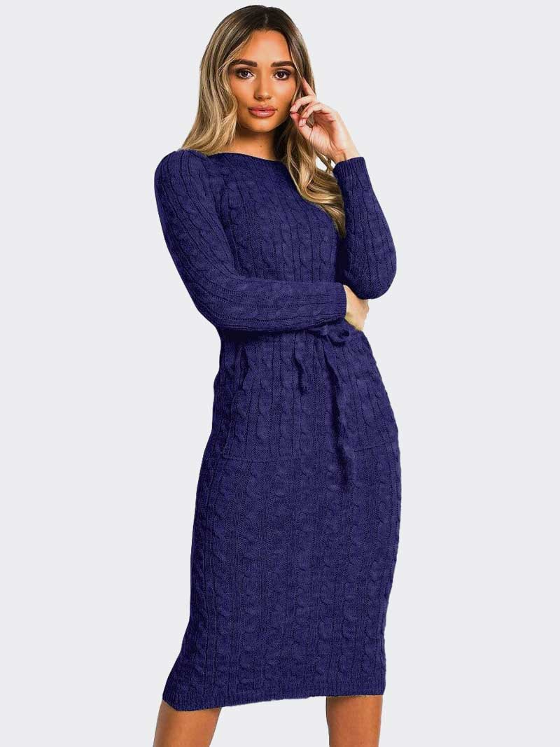 Women’s Cable Knitted Jumper Pocket Tie up Long Midi Dresses - Remzs Fashion