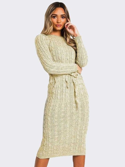 Women’s Cable Knitted Jumper Pocket Tie up Long Midi Dresses - Remzs Fashion