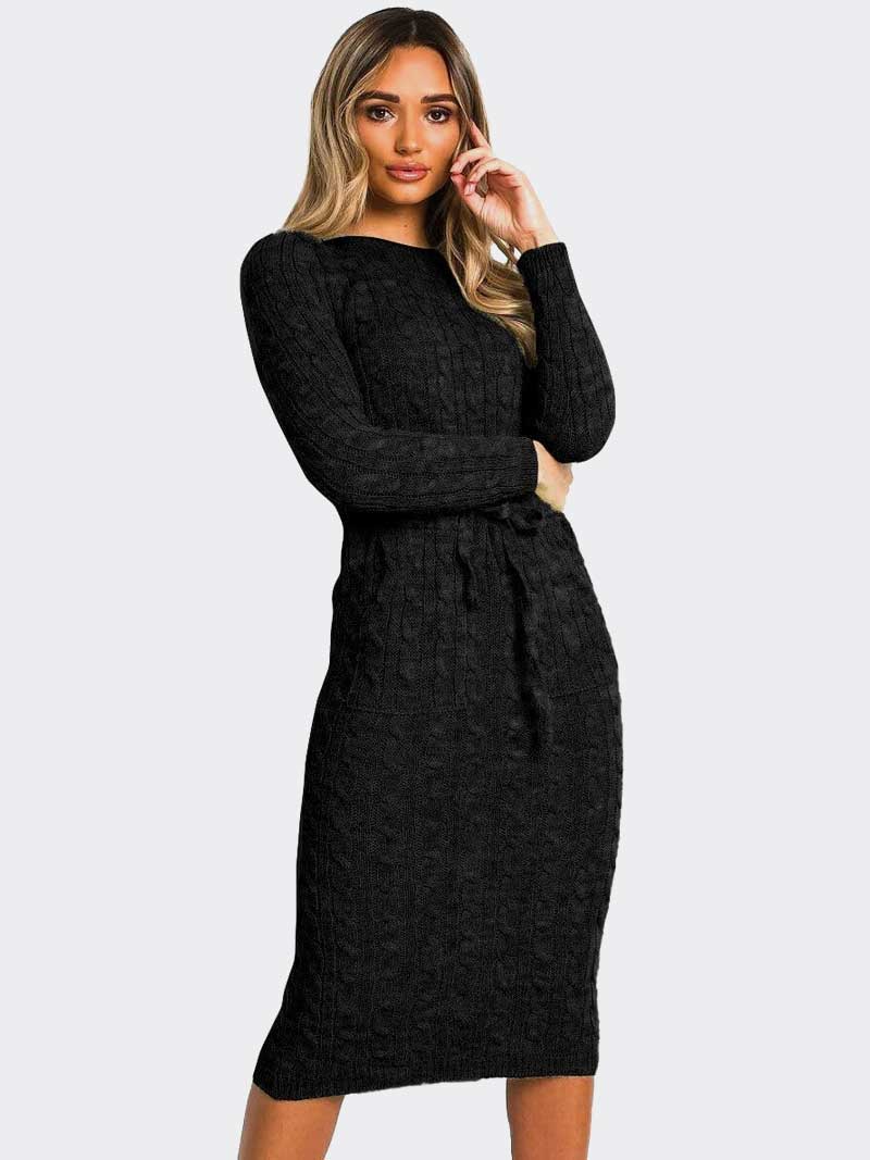 Women’s Cable Knitted Jumper Pocket Tie up Long Midi Dresses - Remzs Fashion