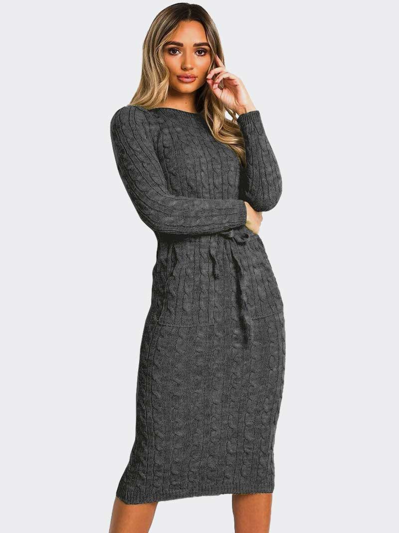 Women’s Cable Knitted Jumper Pocket Tie up Long Midi Dresses - Remzs Fashion