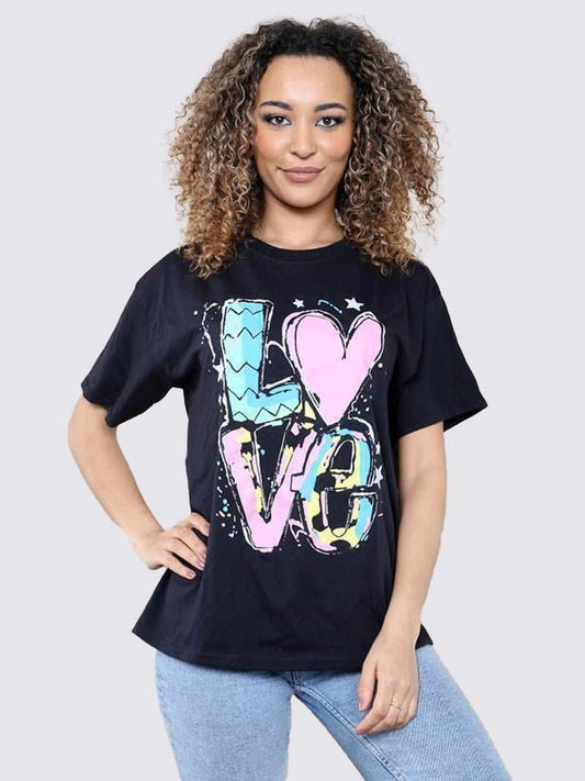 Womens Colourful Love Print Short Sleeve Oversize T-Shirt Top - Remzs Fashion